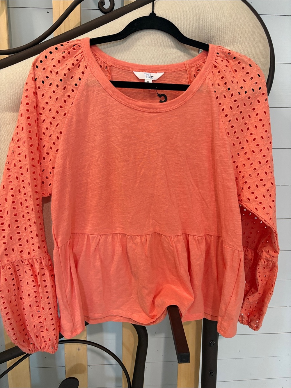 Time and Tru Coral Eyelet-Sleeve Peplum Top
